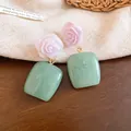 Detail view of New Chinese style resin rose earrings with pale green square pendants - Pale Purple - Green (Silver Earring Post)