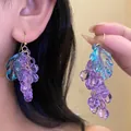Handcrafted purple acrylic grape drop earrings with artistic blue leaf accents for women - Hook Style / Purple Blue
