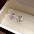 Elegant square stud earrings with pink zircon and white shell stones in a gift box - Pink