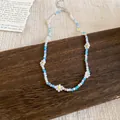 Collana di perle di cristallo dopamina colorata con ciondoli a fiori bianchi - Bianco Blu e Giallo