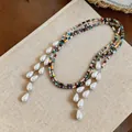 Detail view of ethnic beaded necklace with elegant white teardrop-shaped faux pearls - Double Layer Clavicle Chain / Two-Piece Set / Colorful