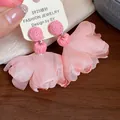 Detailed close-up of pink chiffon flower tassel earrings with S925 silver needle card - Silver Earring Post - Pink