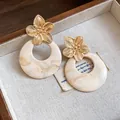 Elegant gold flower and beige marbled resin hoop drop earrings with silver needle - Silver Post-Khaki