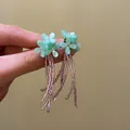 Handmade fresh light blue flower earrings with elegant long pink beaded tassels for women - Blue, Pink
