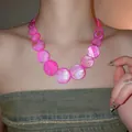 Vibrant hot pink shell disc necklace perfect for beach vacation and summer style - Silver-Pink