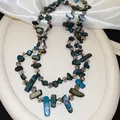 Elegant seaside style double-strand necklace with teal shell beads and faceted crystals - Blue-Grey