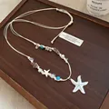 Bohemian double-layer necklace with starfish, faux pearls and seashells for beach vacation - White