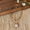 Elegant gold multi-layered necklace with vibrant colorful beads and iridescent pendant - Multi-layer Layered Style / Gold
