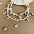 Elegant double-layer faux pearl necklace with gold shell charms for seaside vacation - Gold White Champagne