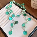 Bohemian beach style double-layer turquoise necklace with shell pendants in teal green - Green
