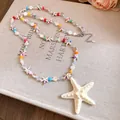 Beach resort style double-layered necklace with colorful beads and starfish pendant - White