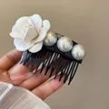 Elegant French style hair comb featuring a white fabric camellia flower and pearl accents - White Camellia (HH9777-1)