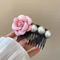 Elegant pink fabric camellia flower and pearl hair comb accessory for wedding style - Pink Camellia (HH9777-1)