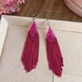 Pink beaded tassel earrings with diamond shape drop and metallic chains for women - Rose Red
