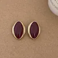 Top view detail of vintage oval stud earrings with deep red inlay and gold frame - Oval Stud Earrings - Silver Earring Post / Red