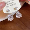 Nahaufnahme von herzförmigen Zirkonia-Steckern mit klaren Harz-Rosen-Ohrringen. - Silber & Weiß (Silver Earring Post)