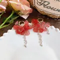 Close-up of elegant red flower tassel earrings with white imitation pearls and beads - Ear Buckle Style (HE32841) / Pink