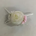 Elegant white chiffon rose hair clip with pink floral accents and silk ribbons for SKU - Duckbill Clip (HH9850) / White Pink