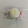 Elegant off-white chiffon rose hair clip with delicate pearl accents and small pink flowers - Duckbill Clip (HH9850) / Pink and Purple