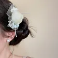 Elegant white chiffon flower hair clip with pearl beads for women's French style - Duckbill Clip (HH9850) / White Dove Blue