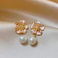 Close-up of elegant French retro flower drop earrings featuring pearls and zircon inlay - Pink Drip Oil Flower Style (HE33277) / Gold