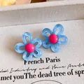 Korean style fresh blue resin flower stud earrings with pink center and S925 silver pins. - Blue And Pink
