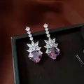 Elegant vintage silver drop earrings with sparkling purple rhombus zircon stones. - Silver-Purple