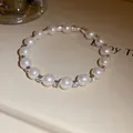Elegant pearl bracelet with square zircon spacers for a minimalist luxury jewelry look - 60# Bracelet Square Cut Spacer Elastic Style / Silver