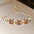 Elegant French zircon flower and pearl adjustable gold bracelet for women's jewelry - 63# Bracelet Three Purple Flower Slider Style / Gold Purple Flower