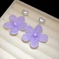 Close-up of sweet purple mesh camellia earrings with heart-shaped pearls. - Silver Needle / Purple