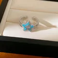 Detailed close-up of a silver-colored star ring with blue stones and a zircon cross motif. - Ring Only / Silver Blue