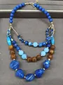Collana multistrato in stile etnico con perle di resina blu e ambra per donna retro - Set collana e orecchini / Blu-Marrone