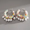 Detailed view of colorful beaded hoop earrings with elegant hanging white pearls - Silver Needle-Silver-Colorful
