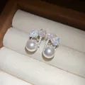 Close-up of elegant Korean fairy style earrings with pearls and iridescent stones - 29# Silver Needle - Silver - Pink