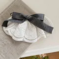 Detailed view of a sweet embroidered white lace hair clip with a grey linen bow. - Duckbill Hair Clips / 1 Piece / Gray