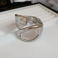 Chic irregular hollow silver cuff bracelet with metallic texture for a minimalist look - Geometric Irregular Fluid Texture Style / 15# Bangle Silver