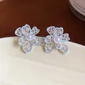 Elegant light blue flower stud earrings with pearl center and sparkling zircon - 37# Silver Post - Silver - Blue