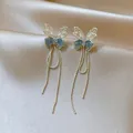 Elegant Korean style butterfly tassel earrings with blue crushed ice zircon and silver chains - 39# Silver Needle - Silver - Blue