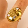 Bague élégante en acier inoxydable doré avec motif étoile de mer, zircon et perle - Style 3D Étoile de Mer Perle Zirconia (S127) / Or