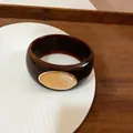 Bracelet jonc vintage en résine marron foncé avec incrustation en marbre ovale et bord doré - 22# Bracelet-Café avec Incrustation Ovale Beige