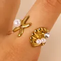 Bague ouverte en acier inoxydable doré avec étoile de mer, coquillage et perles - Style Combiné Étoile de Mer Coquille Perle (6639) / Or