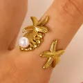 Bague en acier inoxydable doré style océan avec étoile de mer coquillage et perle - Style Ouvert Étoile de Mer Conque Perle (1348) / Or