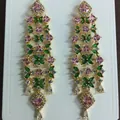 Elegant long dangle earrings with pink and green floral zircon stones in gold finish - Silver Earring Post Style / Gold