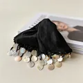 Detail view of black textured hair claw clip with iridescent shell tassel fringe - Hair Claw / Black
