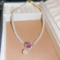 French retro pearl necklace featuring a purple heart zircon pendant and drop pearl - Heart Style (HN11945) / Necklace-White-Pink