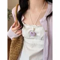 Elegant purple resin wrinkled circle pendant necklace with white leather cord for women. - White Suede Cord / Purple