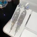 Elegant silver bow knot long tassel earrings featuring sparkling crystal rhinestones - Silver Earring Post Bow Tassel Style (33#)