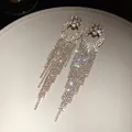 Glamorous long tassel earrings encrusted with sparkling rhinestones for elegant parties - Silver Earring Post Round Geometric Tassel Style (34#)