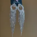 Elegant silver long tassel earrings with sparkling rhinestones and geometric design - Silver Earring Post Round Geometric Tassel Style (35#)