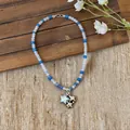 Detailed close-up of beach style beaded necklace with blue shell star pendant charm - 4# Beaded Necklace (Triple Star Combination Pendant) / Silver-Blue